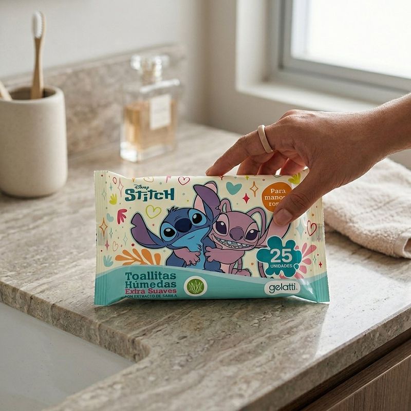 Toallas Húmedas Stitch con Sábila para Manos y Rostro, 25 Unidades