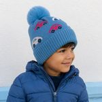 Gorro Infantil de Invierno con Diseño de Carritos y Pompón