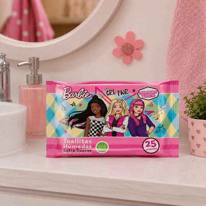 Toallas Húmedas Barbie con Sábila para Manos y Rostro, 25 Unidades