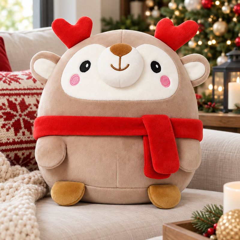 Peluche de Reno Navideño con Bufanda Roja 20 Cm para Niños Color Café