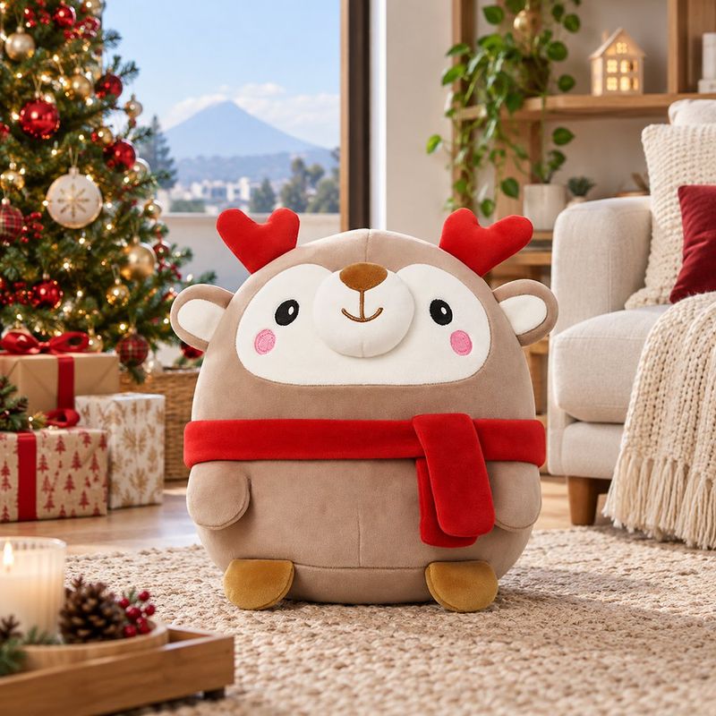 Peluche de Reno Navideño 20 cm para Niños Color Café y Bufanda Roja