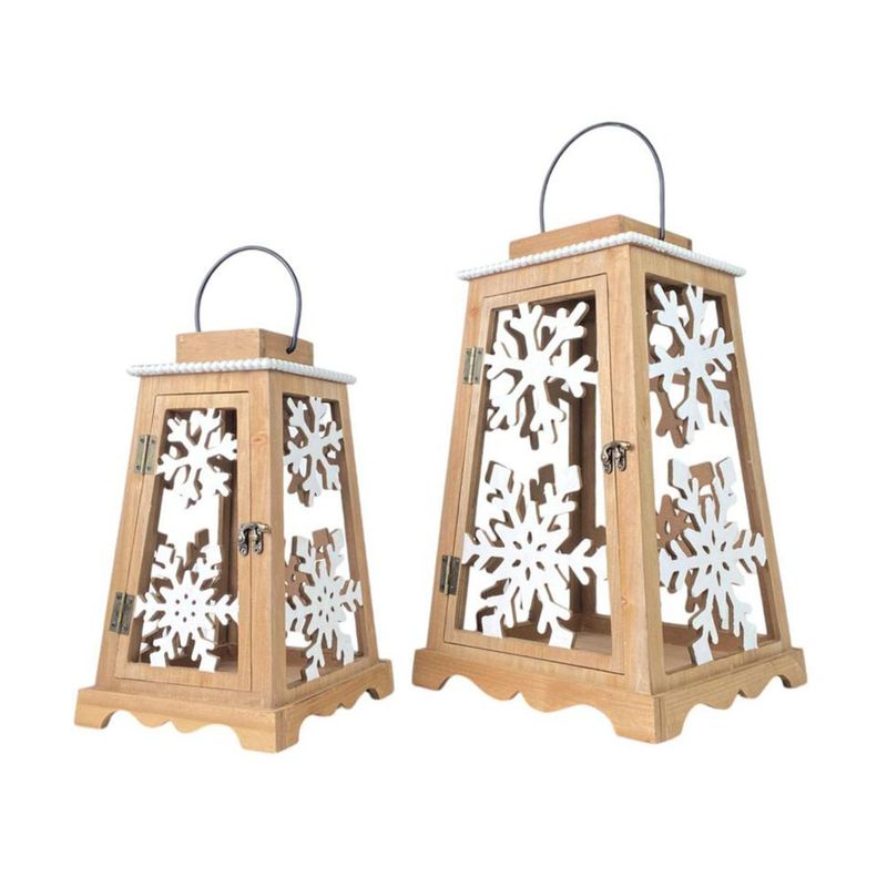 Set de 2 Faroles Decorativos Navideños de MDF con Copos 45 cm Natural y Blanco