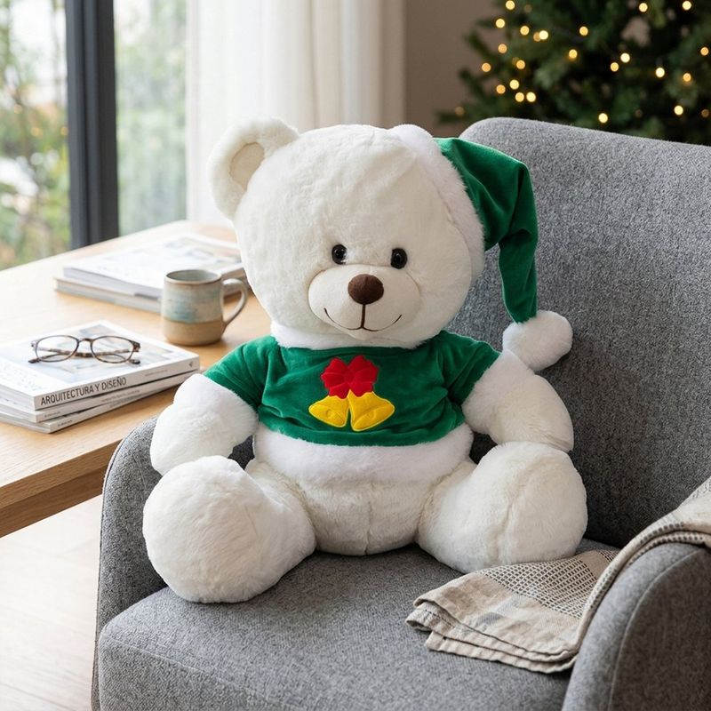 Peluche de Osito Navideño 13 plg para Niños Color Blanco y Traje Verde