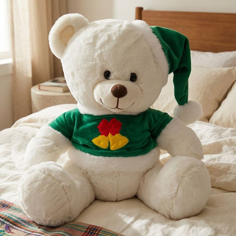 Peluche de Osito Navideño 13 plg para Niños Color Blanco y Traje Verde