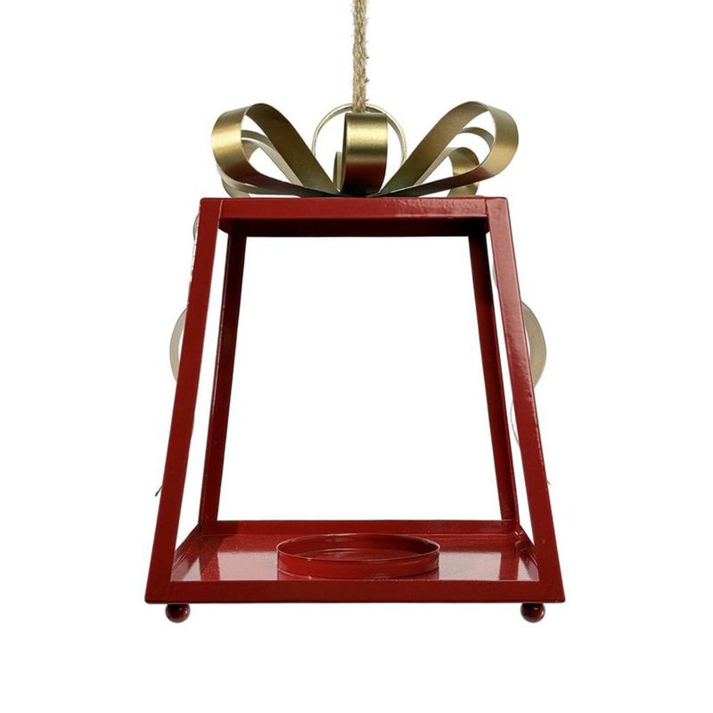 Linterna Decorativa Navideña de Metal 27.5 cm Diseño Lazo Rojo y Dorado