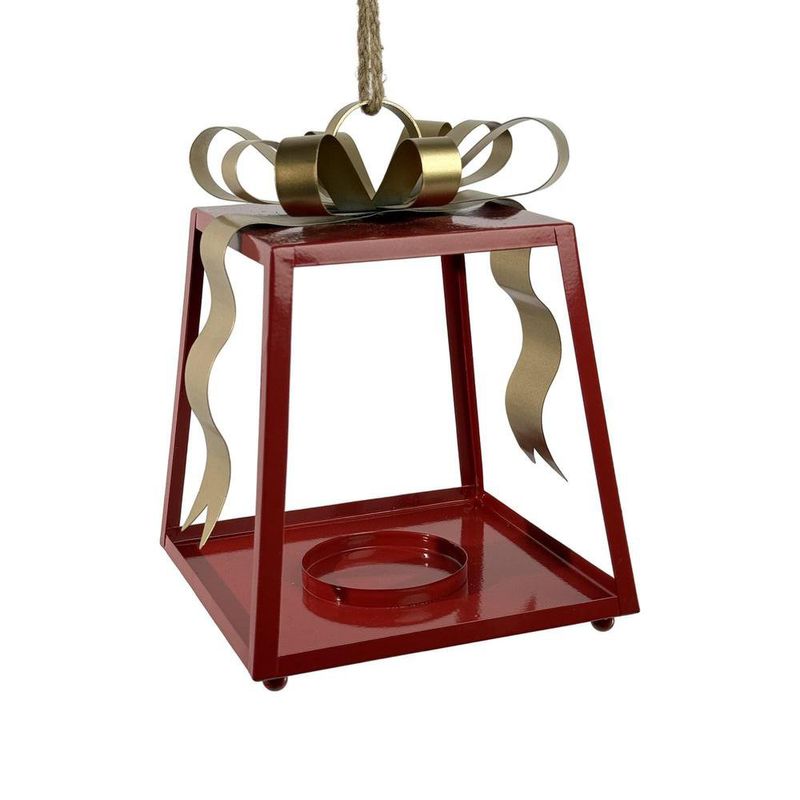 Linterna Decorativa Navideña de Metal 27.5 cm Diseño Lazo Rojo y Dorado