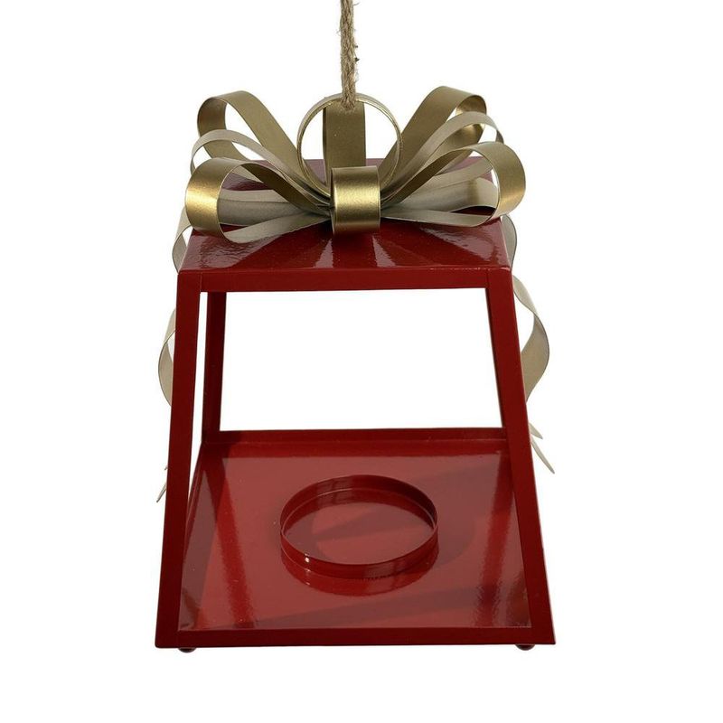 Linterna Decorativa Navideña de Metal 27.5 cm Diseño Lazo Rojo y Dorado