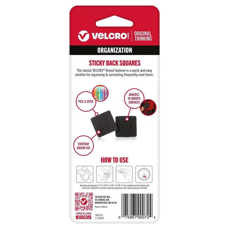 Velcro Multiuso Tipo Cuadrado 5/8 plg, Paquete con 12 Unidades Color Negro
