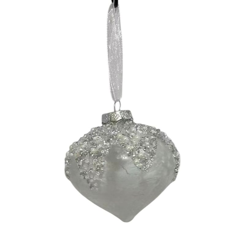 Adorno Colgante de Vidrio Tipo Cebolla Color Blanca Escarchada de 9 Cm