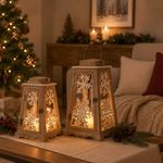 Set de 2 Faroles Decorativos Navideños de MDF con Copos 45 cm Natural y Blanco