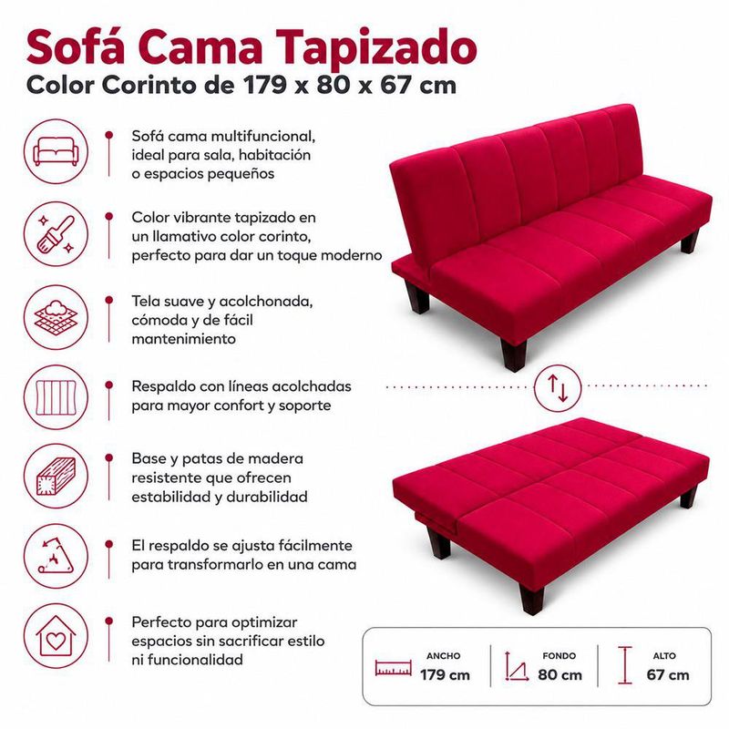 Sofá Cama Tapizado Color Corinto de 179 x 80 x 67 cm