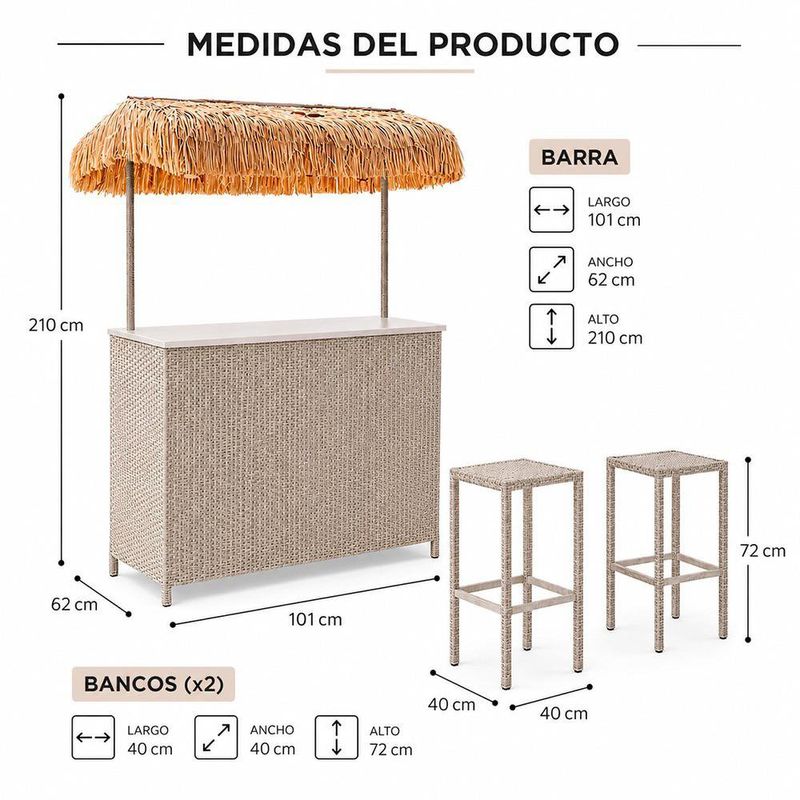 Set de Bar Sunny con 3 Piezas Barra y 2 Bancos Altos Estilo Tropical