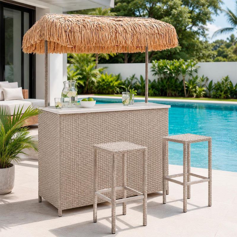 Set de Bar Sunny con 3 Piezas Barra y 2 Bancos Altos Estilo Tropical