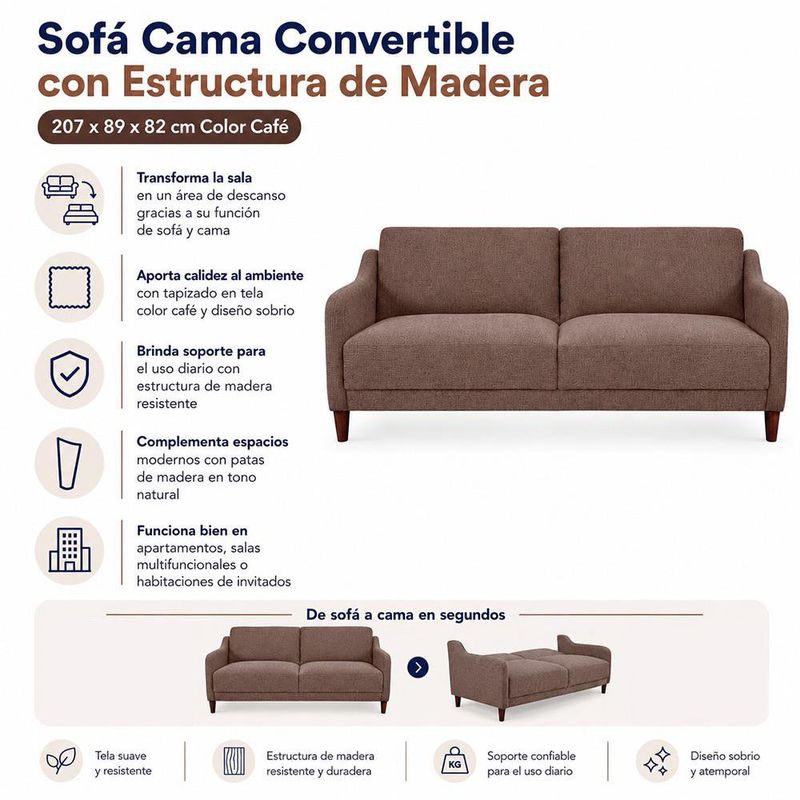Sofá Cama Convertible con Estructura de Madera 207 x 89 x 82 cm Color Café