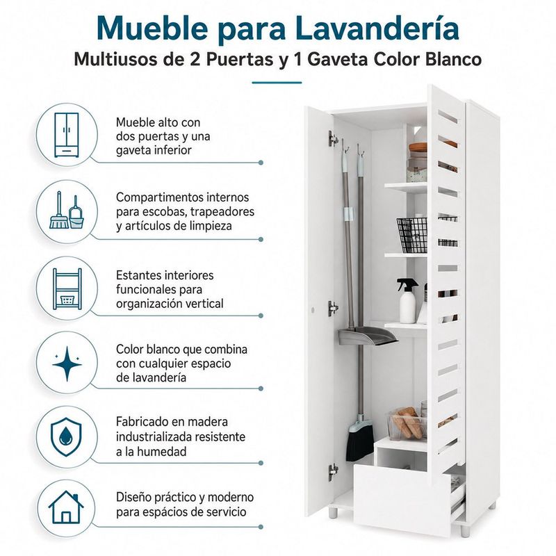 Mueble para Lavandería Multiusos de 2 Puertas y 1 Gaveta Color Blanco