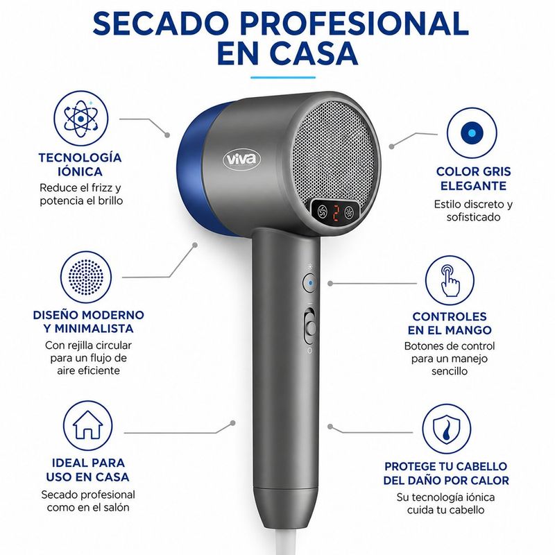 Secadora de Cabello Iónica 1300 W con 3 Velocidades Color Azul y Gris