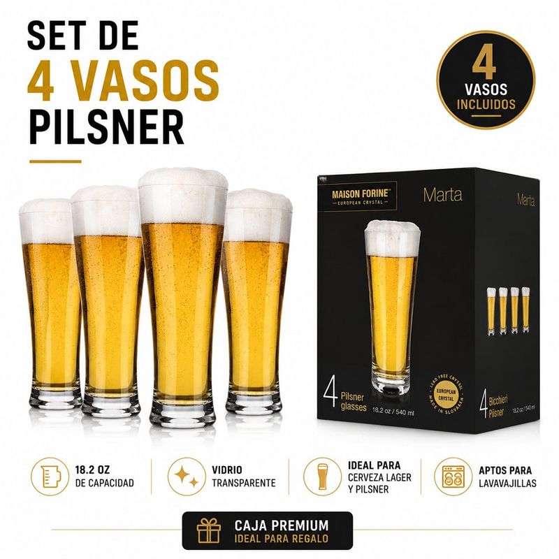 Set de 4 Vasos Pilsner de Vidrio Transparente 18.2 oz para Cerveza
