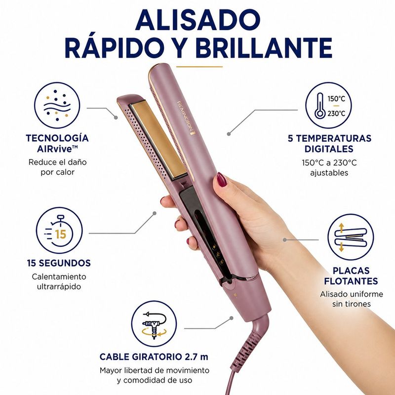 Plancha Alisadora de Cabello Airvive Slim con Tecnología Iónica y 5 Temperaturas Color Rosado
