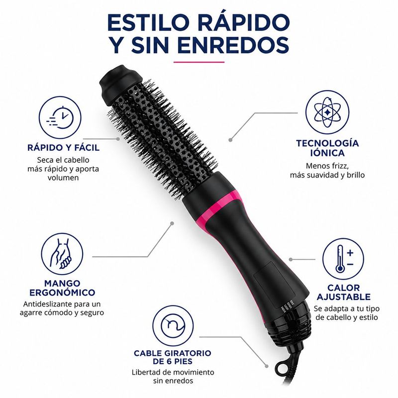 Cepillo Secador de Cabello Root Booster 38 mm con Tecnología Iónica Negro y Rosado