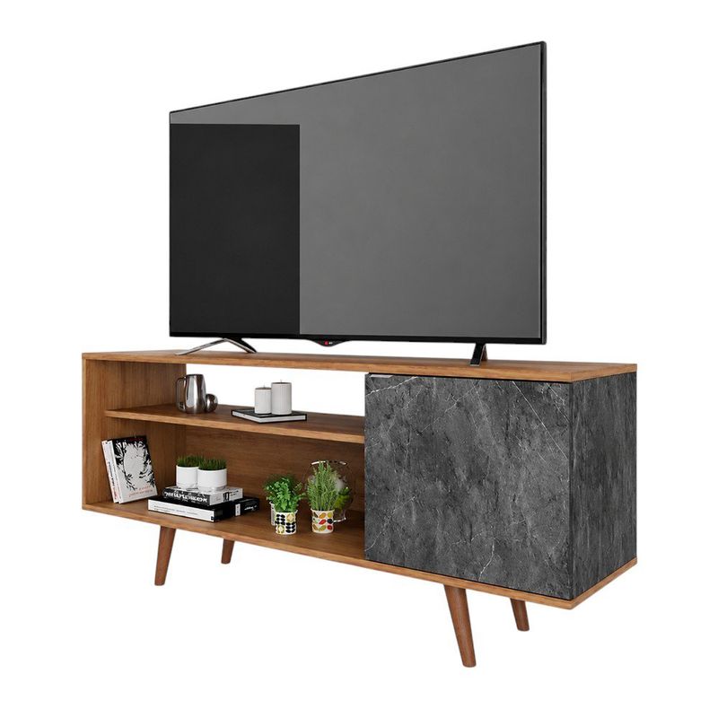 Rack para TV de 60 Plg con Puerta de Mármol y Repisas de Color Café y Gris de 136 x 36 x 59 Cm