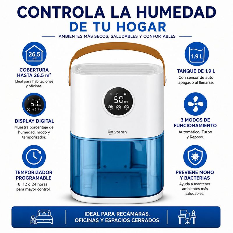 Deshumidificador Steren para Espacios Medianos Capacidad de 1.9 L