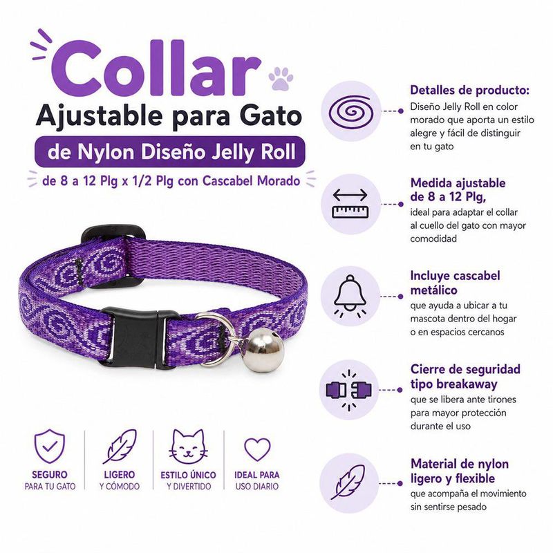 Collar Ajustable para Gato de Nylon Diseño Jelly Roll de 8 a 12 Plg x 1/2 Plg con Cascabel Morado