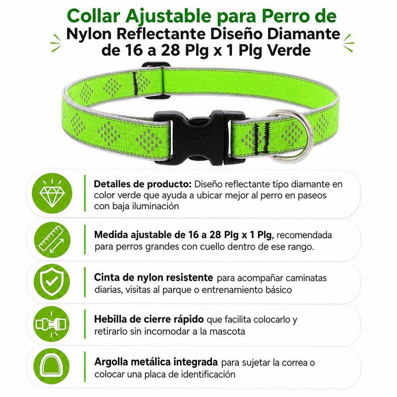 Collar Ajustable para Perro de Nylon Reflectante Diseño Diamante de 16 a 28 Plg x 1 Plg Verde