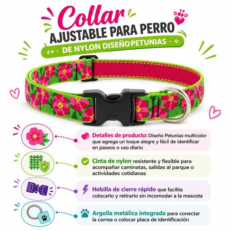 Collar Ajustable para Perro de Nylon Diseño Petunias de 12 a 20 Plg x 1 Plg Multicolor