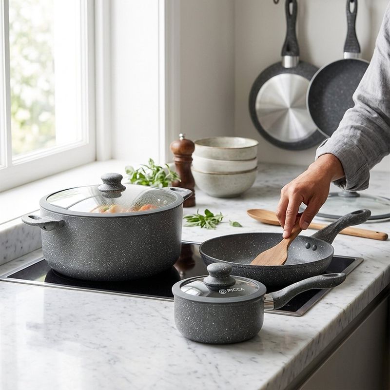 Combo de Batería de Cocina de 7 Piezas y Set de 3 Sartenes Antiadherentes Gris