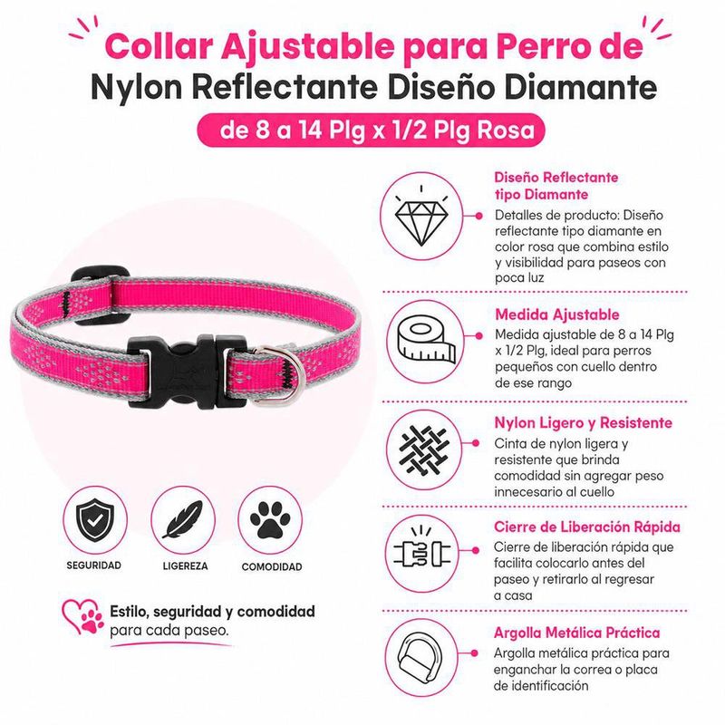Collar Ajustable para Perro de Nylon Reflectante Diseño Diamante de 8 a 14 Plg x 1/2 Plg Rosa