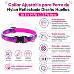 Collar Ajustable para Perro de Nylon Reflectante Diseño Huellas de 8 a 14 Plg x 1/2 Plg Rosa