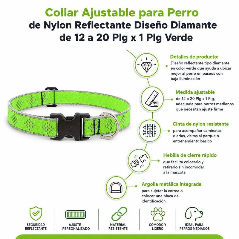 Collar Ajustable para Perro de Nylon Reflectante Diseño Diamante de 12 a 20 Plg x 1 Plg Verde