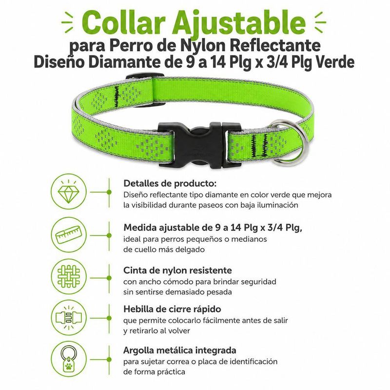 Collar Ajustable para Perro de Nylon Reflectante Diseño Diamante de 9 a 14 Plg x 3/4 Plg Verde
