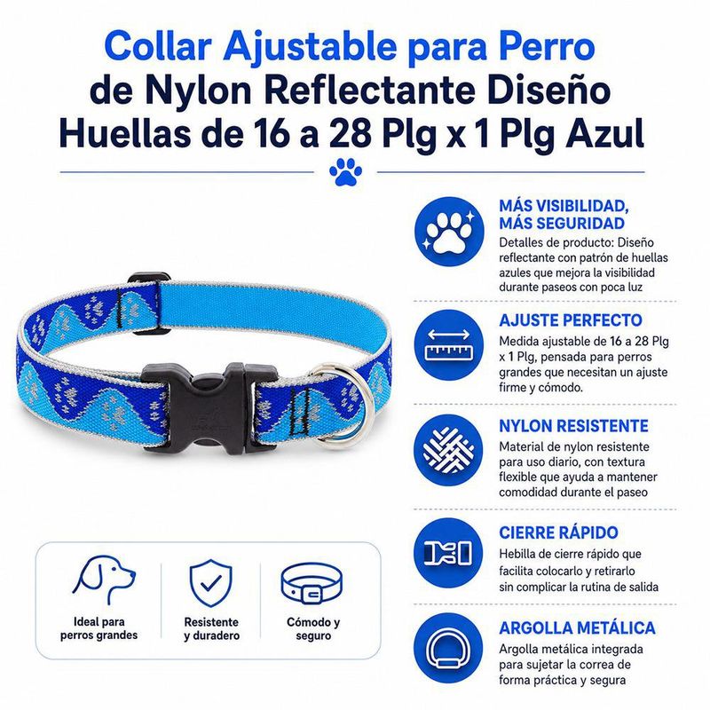 Collar Ajustable para Perro de Nylon Reflectante Diseño Huellas de 16 a 28 Plg x 1 Plg Azul