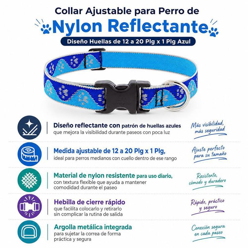 Collar Ajustable para Perro de Nylon Reflectante Diseño Huellas de 12 a 20 Plg x 1 Plg Azul