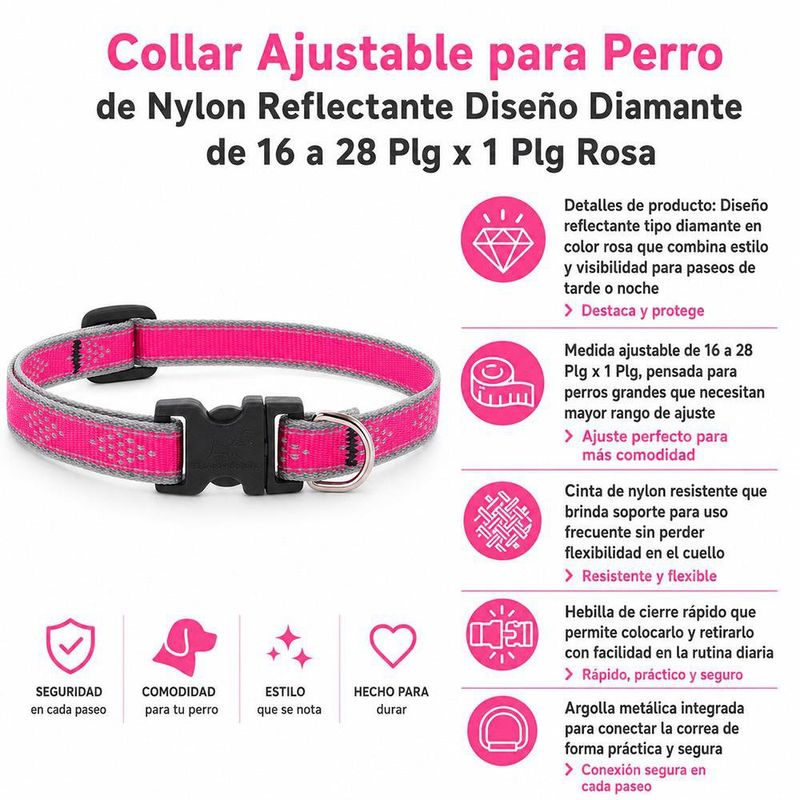 Collar Ajustable para Perro de Nylon Reflectante Diseño Diamante de 16 a 28 Plg x 1 Plg Rosa