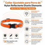 Collar Ajustable para Perro de Nylon Reflectante Diseño Diamante de 8 a 14 Plg x 1/2 Plg Naranja