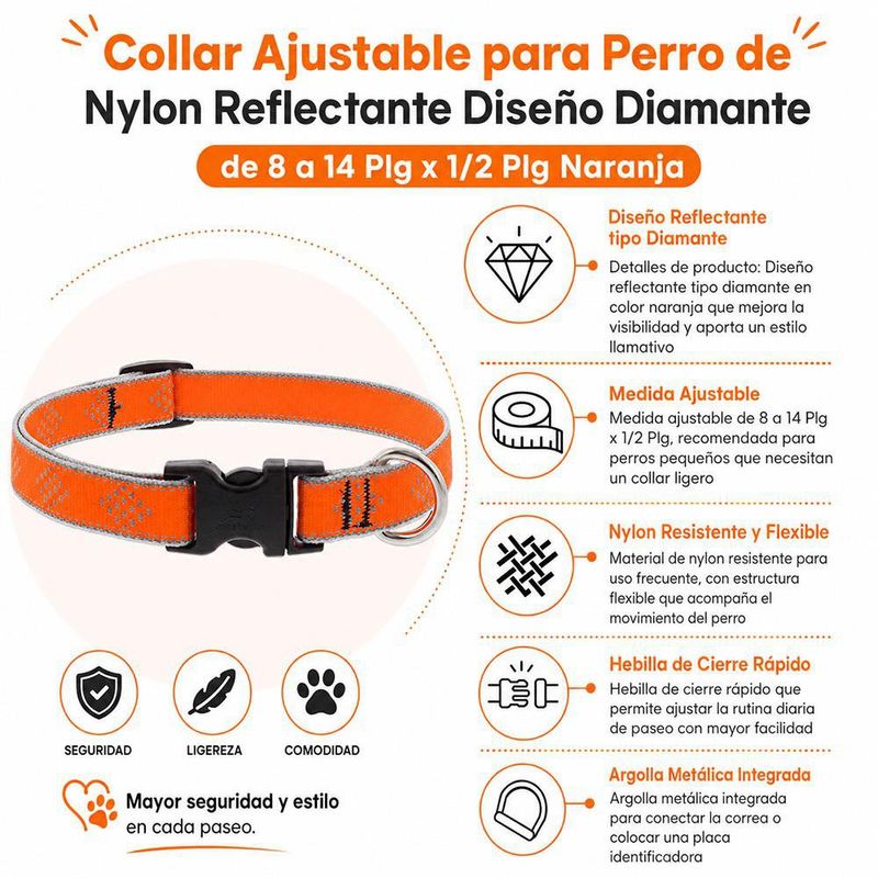 Collar Ajustable para Perro de Nylon Reflectante Diseño Diamante de 8 a 14 Plg x 1/2 Plg Naranja