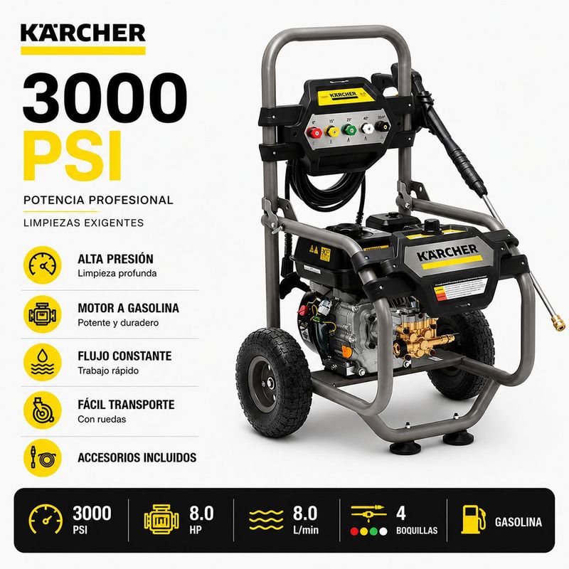 Hidrolavadora a Gasolina G 3200 de 3200 PSI con Motor 196 cc y Ruedas