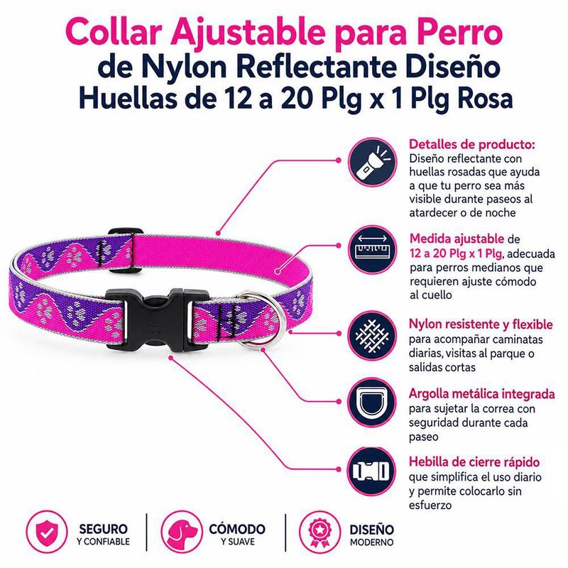 Collar Ajustable para Perro de Nylon Reflectante Diseño Huellas de 12 a 20 Plg x 1 Plg Rosa
