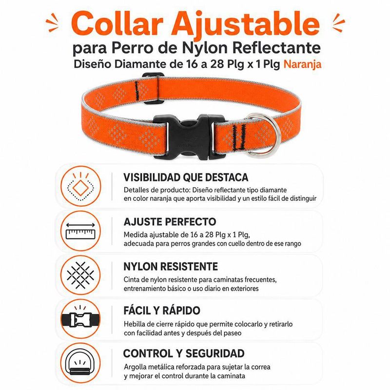 Collar Ajustable para Perro de Nylon Reflectante Diseño Diamante de 16 a 28 Plg x 1 Plg Naranja