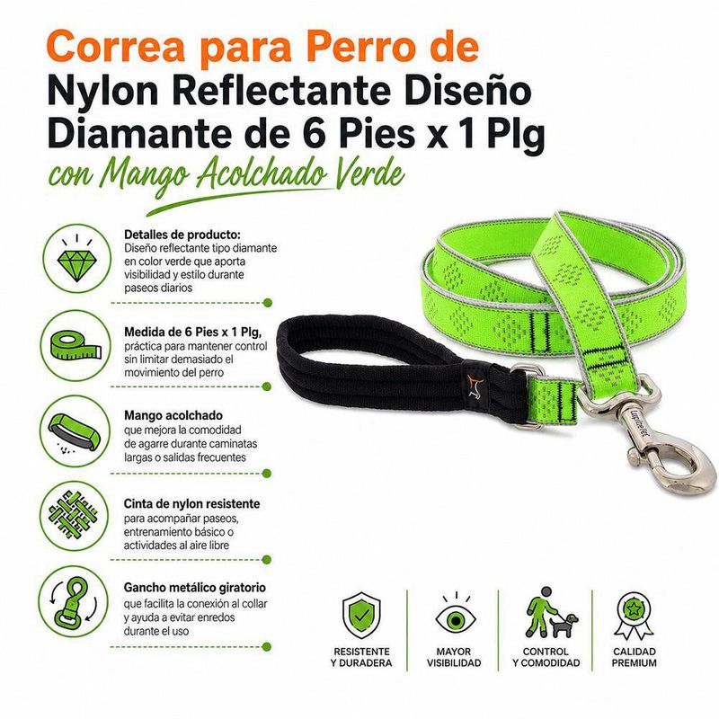 Correa para Perro de Nylon Reflectante Diseño Diamante de 6 Pies x 1 Plg con Mango Acolchado Verde