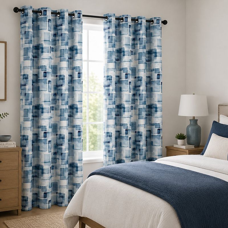 Cortina Blackout Estampada de 140 x 240 cm para Sala o Dormitorio Azul y Blanco