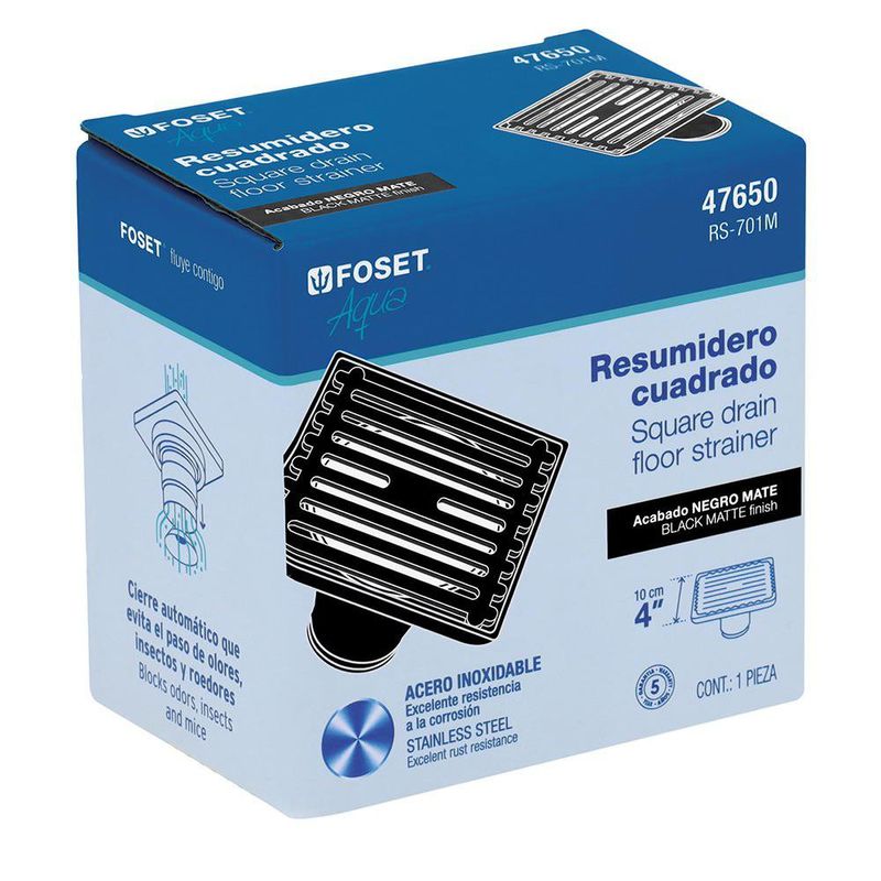 Reposadera Cuadrada con Trampa para Ducha de 4 x 4 Plg Acero Inoxidable Negro