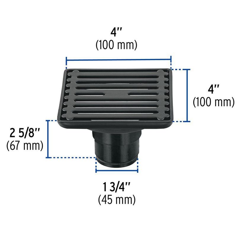 Reposadera Cuadrada con Trampa para Ducha de 4 x 4 Plg Acero Inoxidable Negro