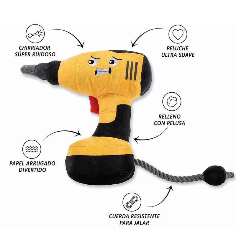 Peluche para Perro Diseño Taladro con Sonido y Cuerda Color Amarillo y Negro