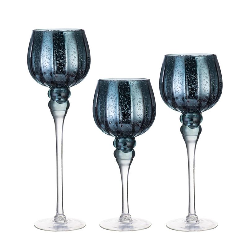 Candelero de Vidrio 40 cm Color Azul y Plateado Diseño Copa Alta