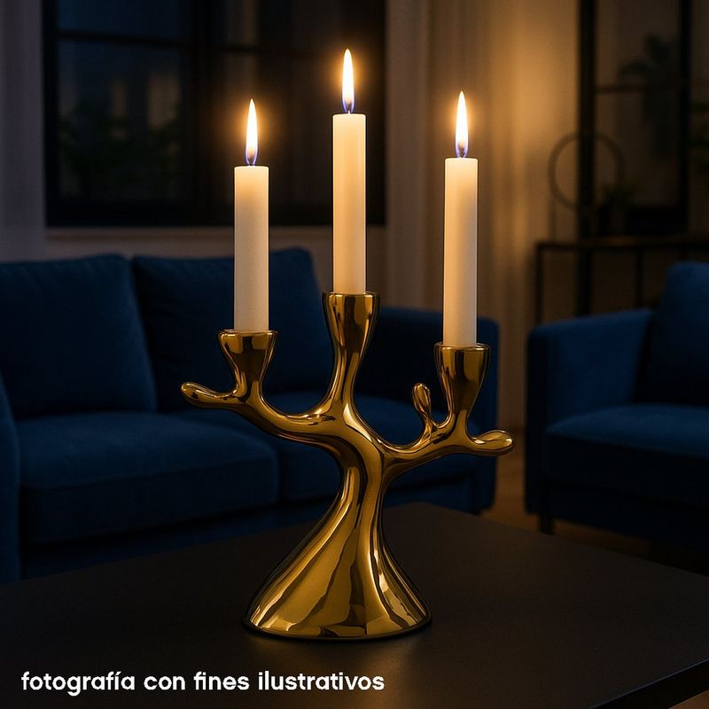 Candelero para 3 Velas de Cerámica 27 cm Color Dorado Brillante Diseño Árbol