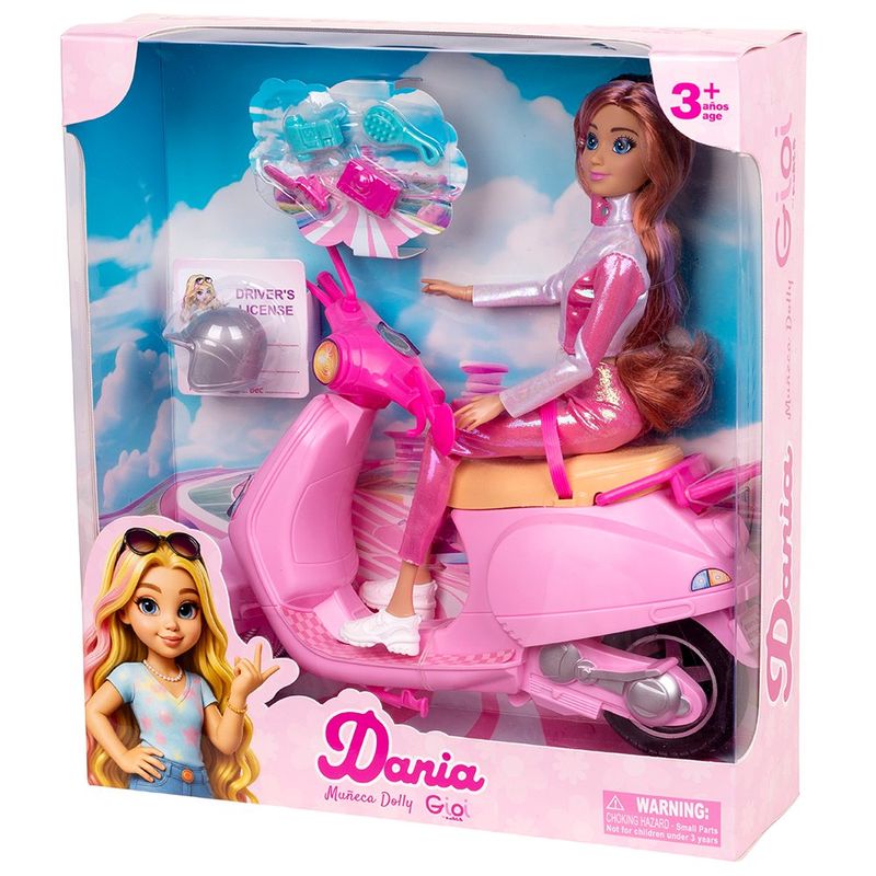 Muñeca Dania de 12 Plg con Motocicleta y Accesorios Color Rosado