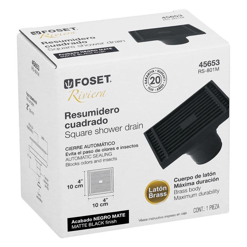 Reposadera Cuadrada Riviera de Latón 4 x 4 Plg con Cierre Automático Color Negro